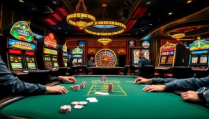 Exciting scenes of gambling at king88 with poker tables and vibrant slot machines.