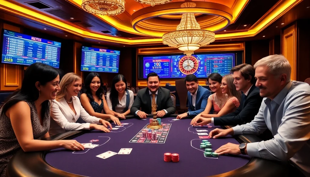 Experience the thrill of poker gameplay at https://kuwin.ac/, featuring vibrant chips and engaging players in a luxurious casino atmosphere.