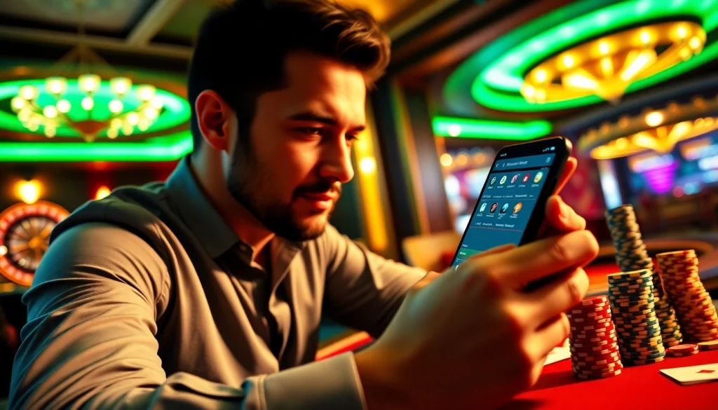 Gambler using app hdbet at a luxurious casino table with poker chips and cards.