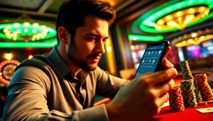 Gambler using app hdbet at a luxurious casino table with poker chips and cards.