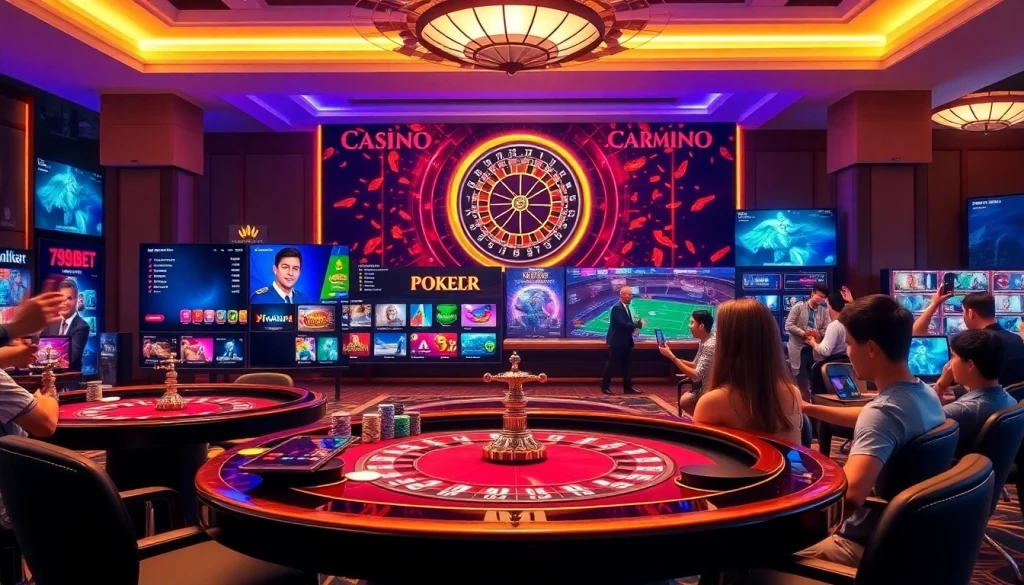 Dynamic gameplay scene at 789BET with cards, chips, and a roulette wheel.