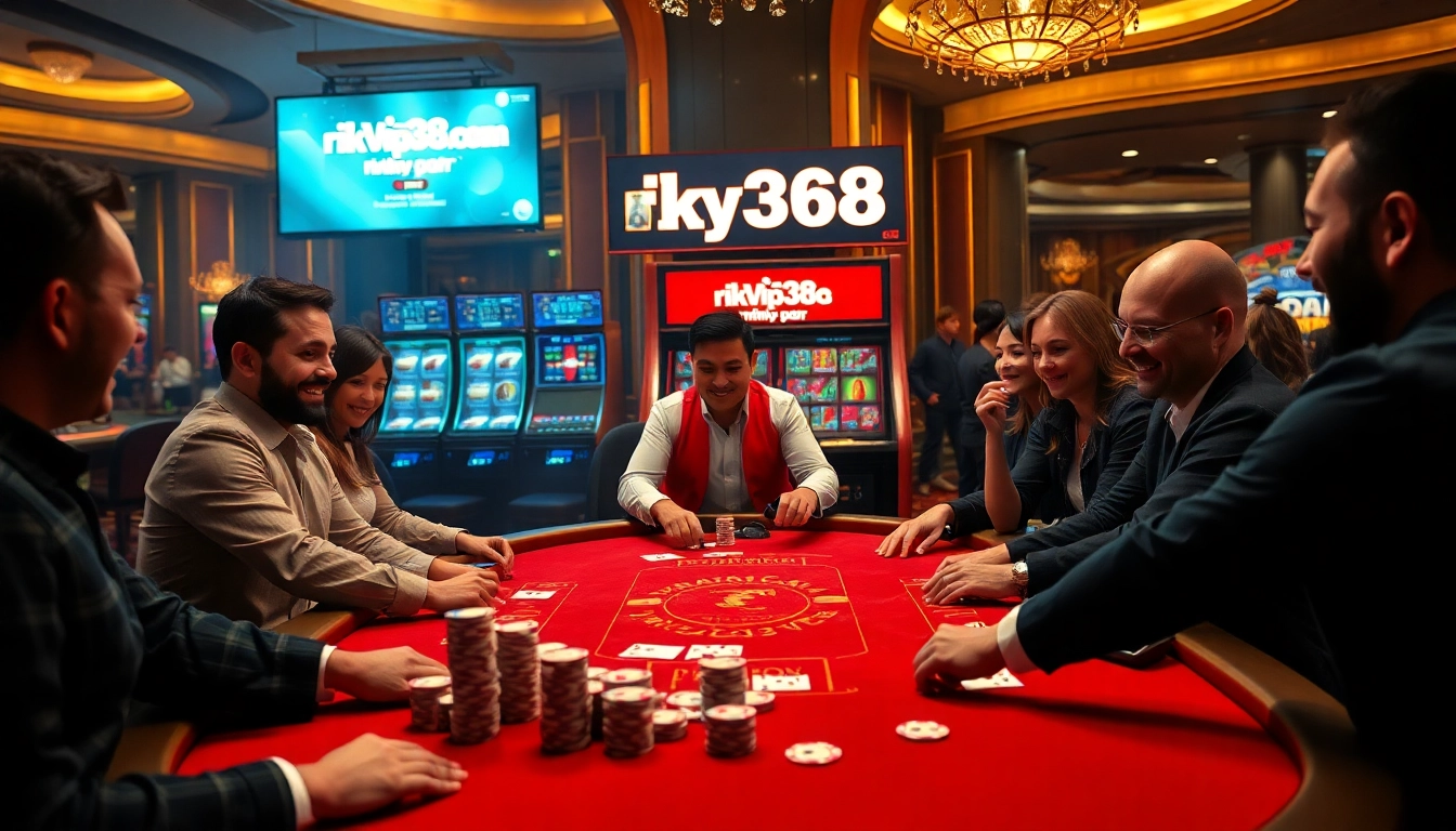 Players experiencing thrilling poker games at rikvip368.com casino, showcasing excitement and luxury.