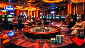 Experience the thrill of mm88 as players engage at luxurious casino tables and slot machines.