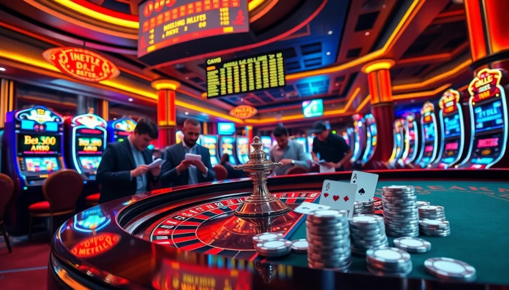 Excited gamblers analyzing tỷ lệ nhà cái odds at a luxurious casino roulette table.