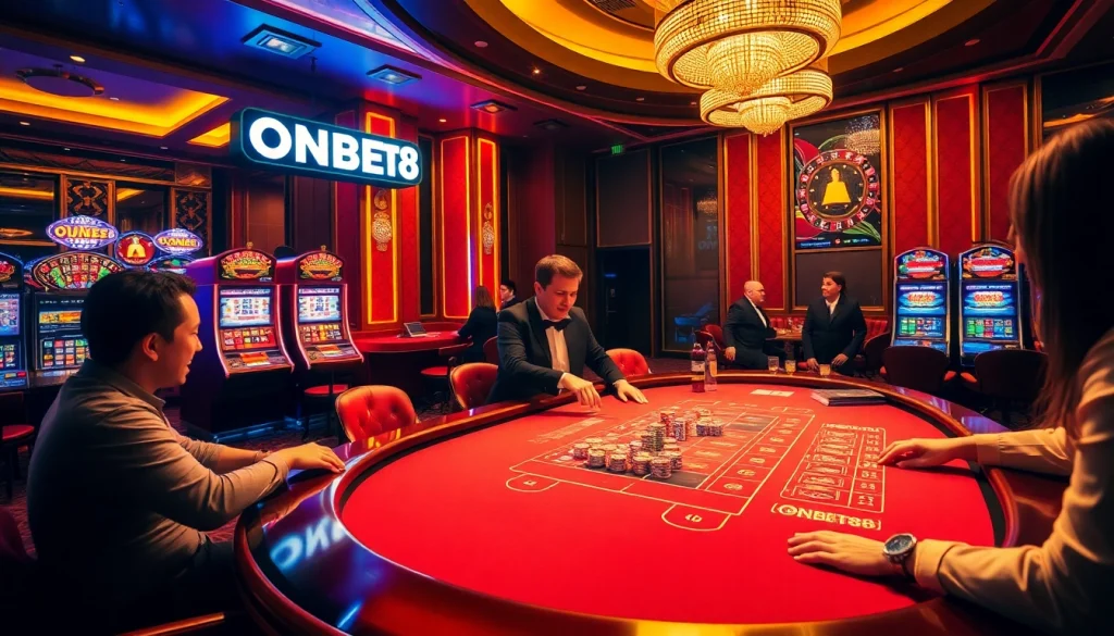 Excited players at the ONBET88 casino table engage in poker, showcasing a thrilling gambling atmosphere.