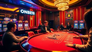 Excited players at the ONBET88 casino table engage in poker, showcasing a thrilling gambling atmosphere.