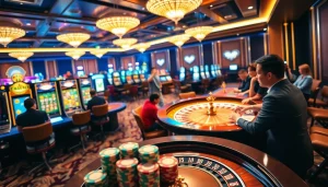 Engage with MM88's vibrant casino experience featuring poker tables, slot machines, and roulette.