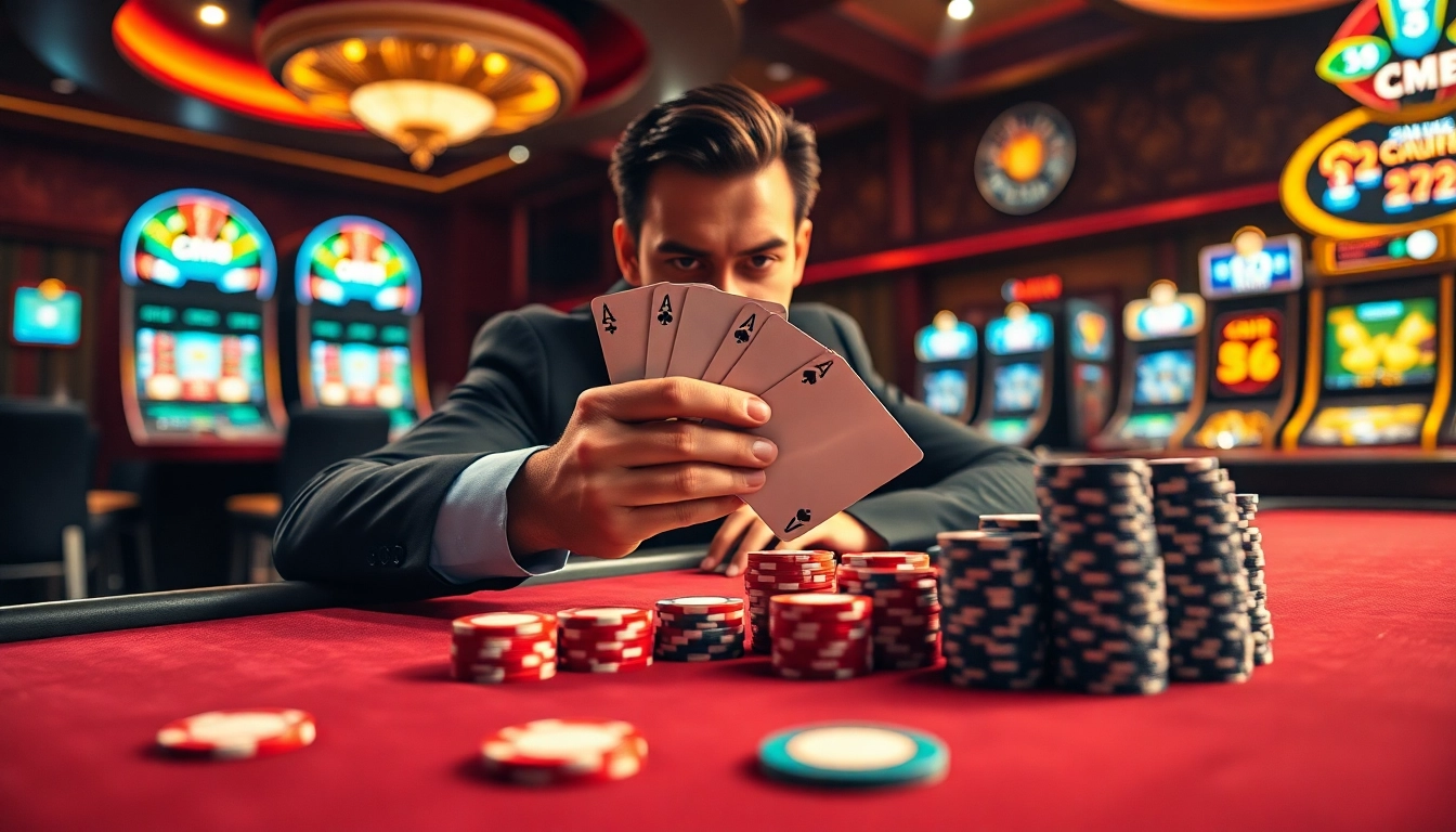 Experience the thrill of CM88 at a luxurious casino table filled with vibrant poker chips and cards.
