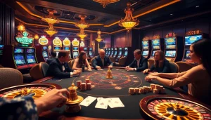 Players enjoying high-stakes poker at a vibrant casino, featuring the 222bd app for betting.