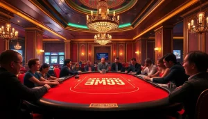 Players enjoying high-stakes poker at the luxurious HM88 table in a vibrant casino setting.