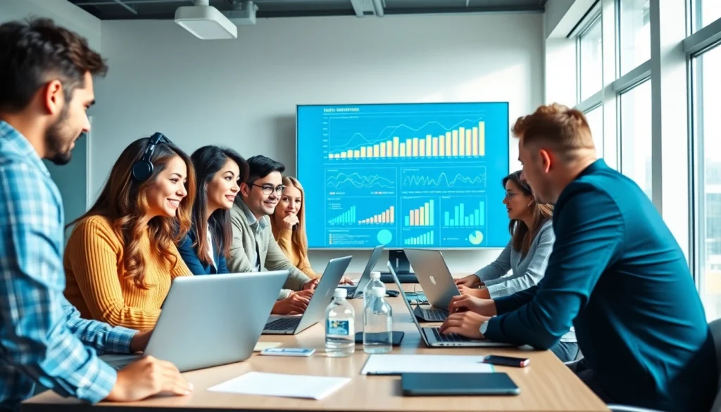 Team implementing Digital Marketing strategies in a modern office environment.