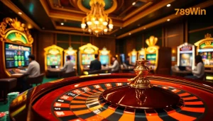 Engaging scene of online gambling action at trang chủ 789Win with roulette and poker chips.
