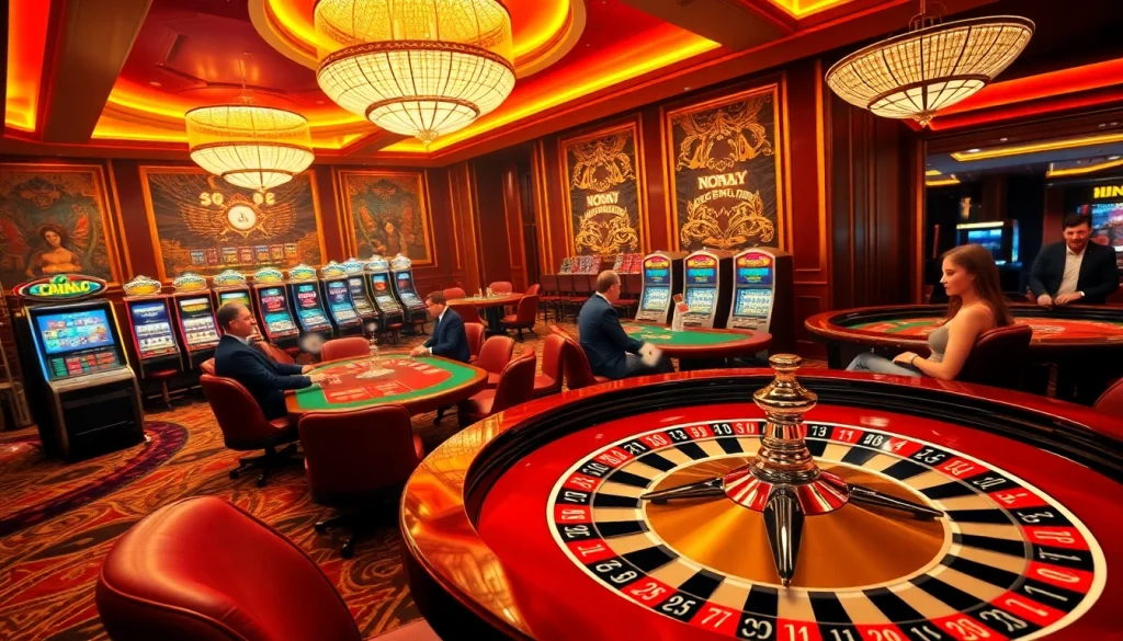 Nohu90 casino atmosphere showcasing vibrant gaming tables and thrilling roulette action
