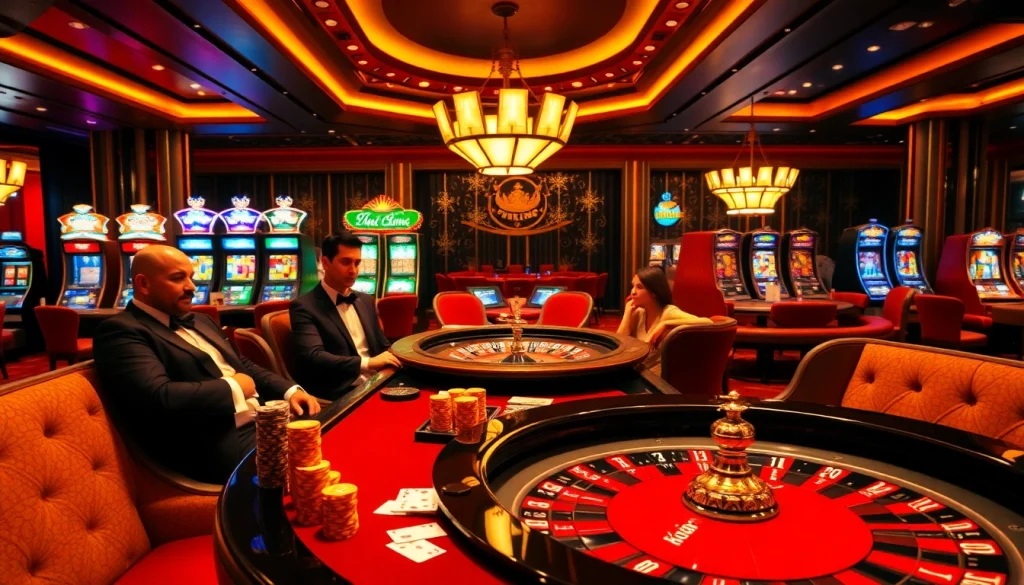 Engaging scene at 79King casino with poker table action and vibrant slot machines.