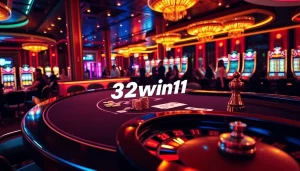 Exciting poker game scene at a casino featuring 32win11 chips and cards.