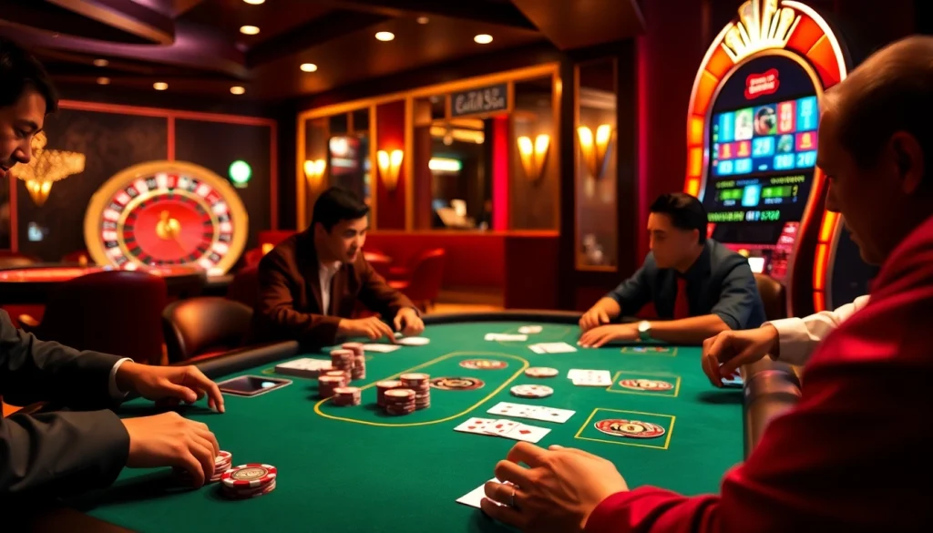 Action-packed scene of players at a poker table in a casino, highlighting the excitement of gambling and luongsontv.