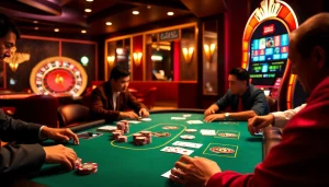 Action-packed scene of players at a poker table in a casino, highlighting the excitement of gambling and luongsontv.