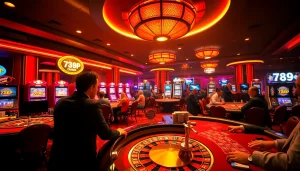 Players engaging in exhilarating casino games at 789P, featuring vibrant roulette and slot machines.
