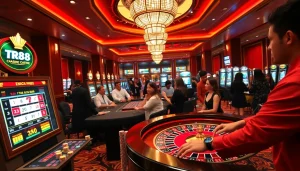 Players enjoying a thrilling game at a casino featuring TR88 slot machines and vibrant poker chips.