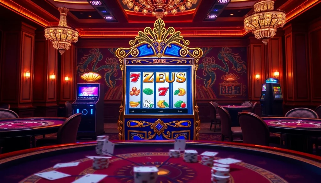 Spin the reels on the exciting slot zeus machine amidst a glamorous casino environment.