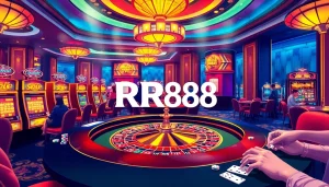 Exciting RR88 casino scene with a roulette table, poker chips, and vibrant slot machines.