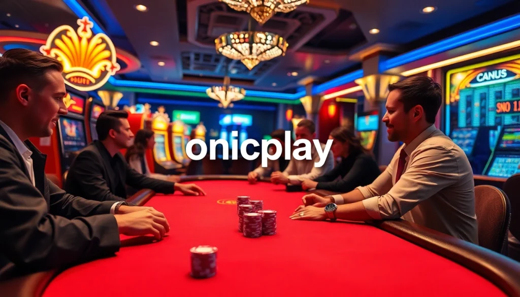 Experience the thrill of gambling with onicplay at a luxurious casino featuring poker tables and slot machines.