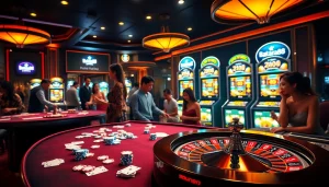 Engaging scene of luxury gambling at Batara88 featuring roulette and slot machines.