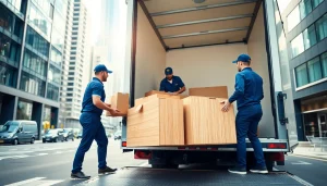 Umzugsfirma beim Beladen eines Transporters mit Möbeln in einer Stadtlandschaft.