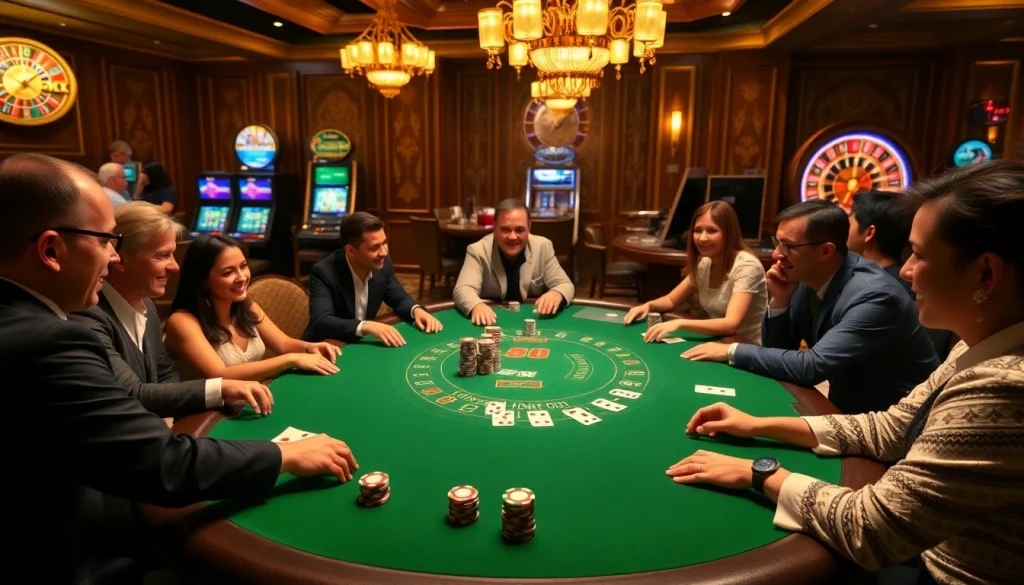 Players enjoying a thrilling game at the LC 88 casino table filled with chips and cards.