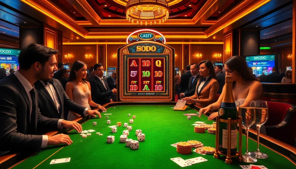 SODO themed casino visual showcasing high-stakes poker and vibrant slot machines.