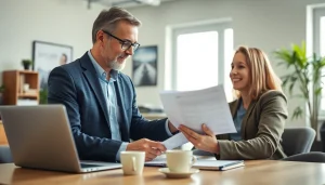 Engaging discussion with a vehicle service contract provider in a modern office setting.