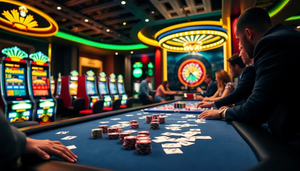 Experience the thrill at VMAX Game with vibrant casino visuals featuring poker chips and slot machines.