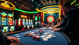 Experience the thrill at VMAX Game with vibrant casino visuals featuring poker chips and slot machines.