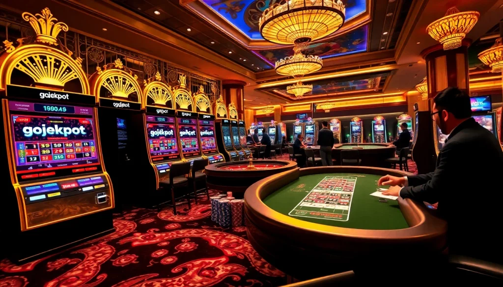 Experience the thrill of gojekpot at a luxurious casino with vibrant slot machines and engaging players.
