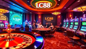 Players enjoying games at LC88 Casino, celebrating wins at a vibrant roulette table.