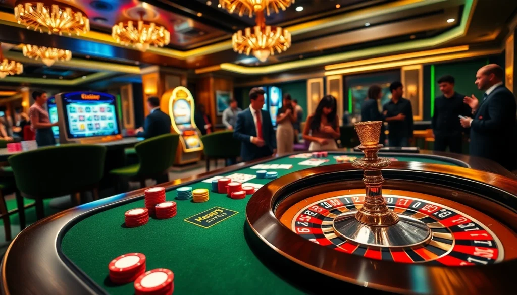 Engaging scene at Nhà cái DOLA789 casino, featuring thrilling poker game and vibrant slot machines.