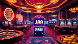 Players enjoy the J88 slot machine amidst an elegant casino atmosphere filled with vibrant gaming options.