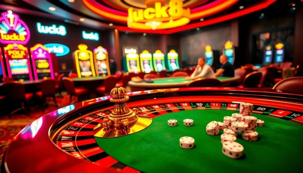 Players engaging in thrilling casino games at luck8, highlighting dynamic poker and roulette tables.