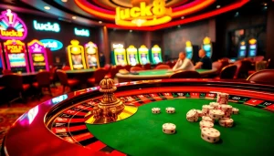 Players engaging in thrilling casino games at luck8, highlighting dynamic poker and roulette tables.