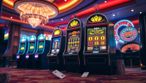 Nổ Hũ NK88 slot machines showcase vibrant graphics and high jackpots in a luxurious casino setting.