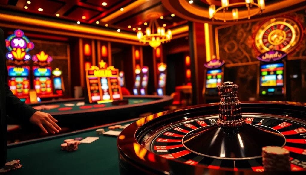 Experience the excitement of xn88 bet at this luxurious casino setting with poker tables and vibrant slot machines.