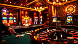 Experience the excitement of xn88 bet at this luxurious casino setting with poker tables and vibrant slot machines.