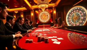 33WIN players engaging intensely at the casino table, showcasing poker chips and cards.