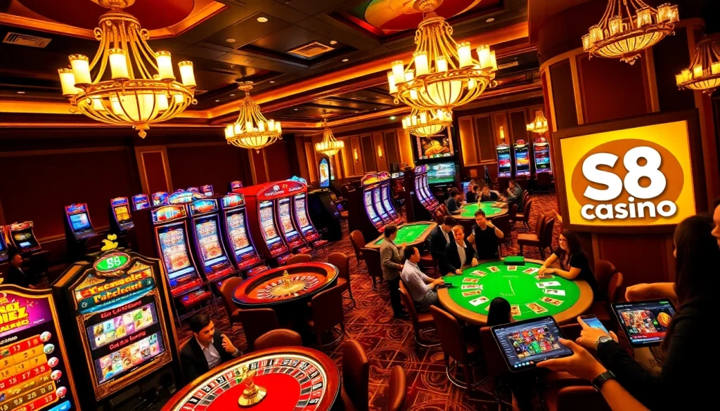 A vibrant casino scene with players enjoying games and showcasing the S8glx platform as a top online gambling destination.