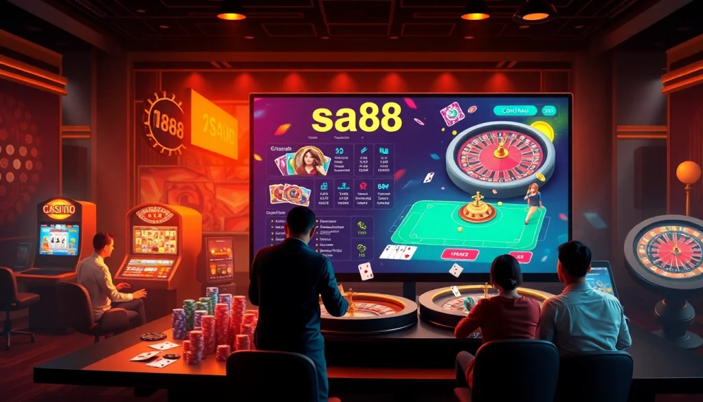 Experience thrilling online gambling with sa88, featuring poker tables and vibrant casino elements.