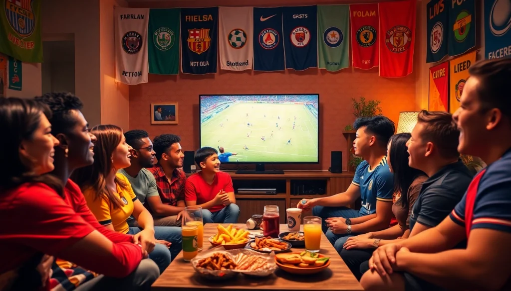 A lively soccer fan scene showcasing community excitement for live matches on joemadfan.com, vibrant atmosphere with enthusiastic supporters.
