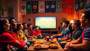 A lively soccer fan scene showcasing community excitement for live matches on joemadfan.com, vibrant atmosphere with enthusiastic supporters.