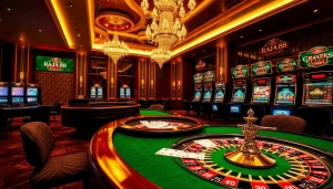 Engaging online gambling scene featuring raja 88, with poker tables, roulette, and vibrant slots.