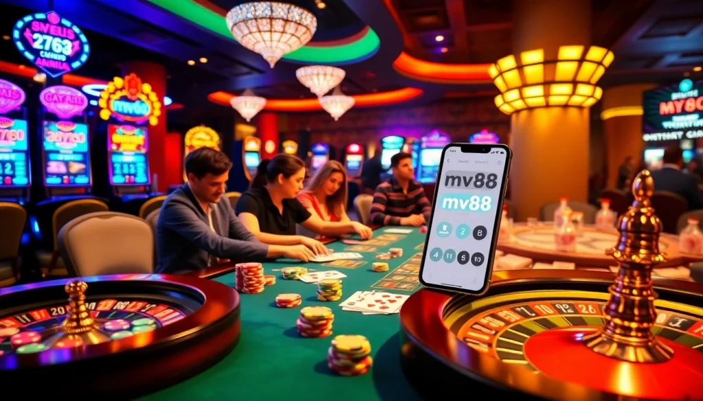 Players engaging in exciting casino action at the mv88 gaming table, with vibrant poker chips and cards.