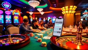 Players engaging in exciting casino action at the mv88 gaming table, with vibrant poker chips and cards.